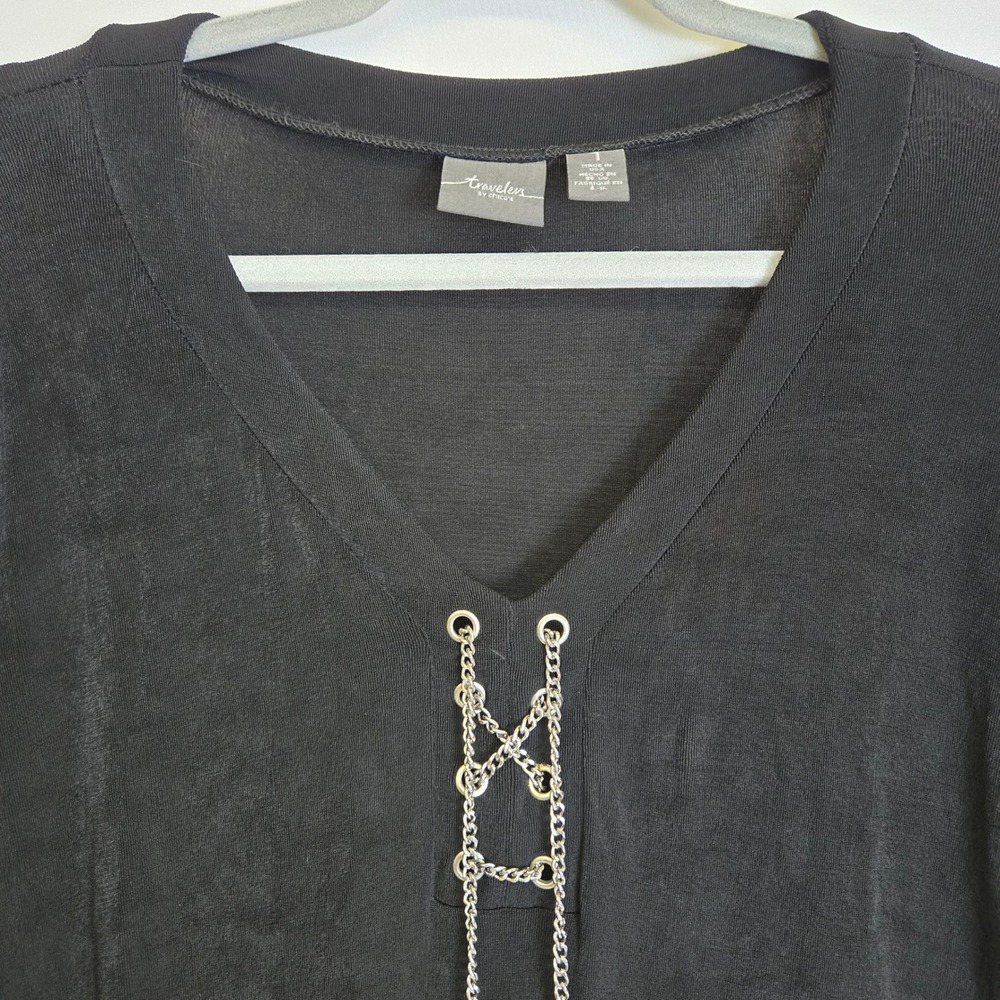 Travelers By Chico's Classic Hardware Lace Up V- Neck Top, Black, Size 1, Medium - Picture 7 of 13
